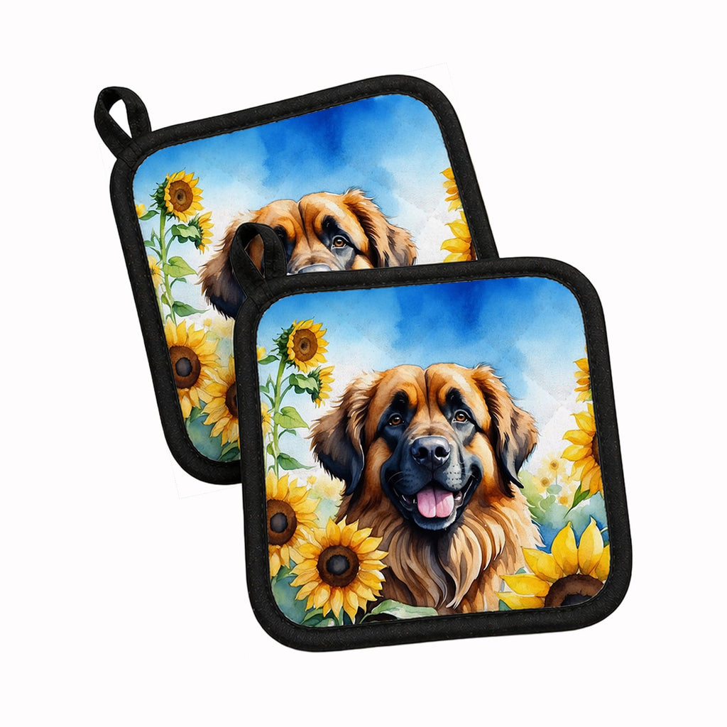 Leonberger in Sunflowers Pot Holder Set of 2 Heat Resistant Quilted Hot Pads 7.5 x 7.5 Inch, Insulated Kitchen Trivets for Cooking & Baking