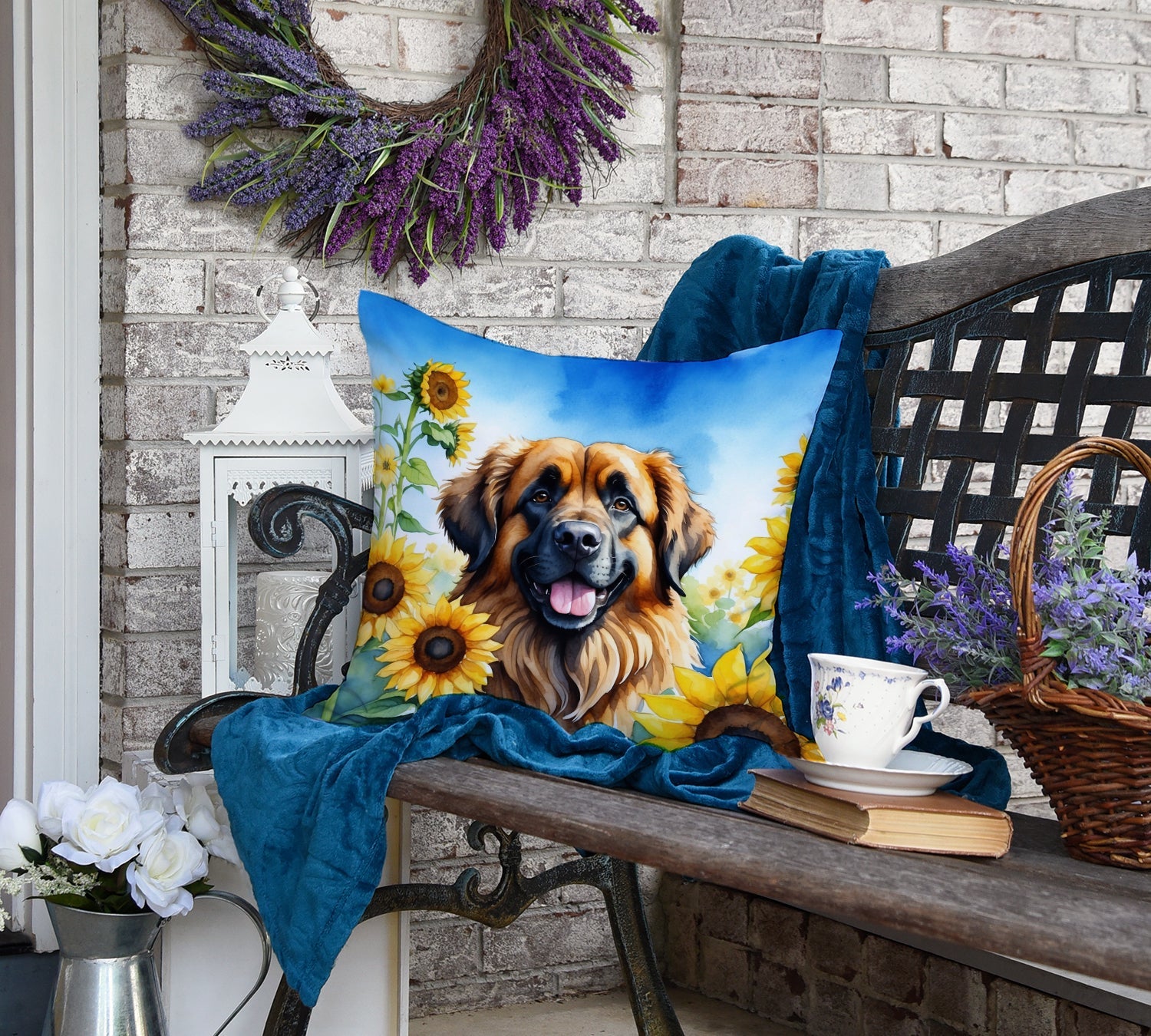 Leonberger in Sunflowers Decorative Throw Pillow 18x18 Indoor Outdoor Accent Cushion, Fabric Cover with Insert for Sofa, Bed, Porch & Living Room