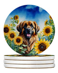 Leonberger in Sunflowers Large Sandstone Coasters Pack of 4 Absorbent Round Coasters Decor Gifts for Men or Women, 4 in, Multicolor