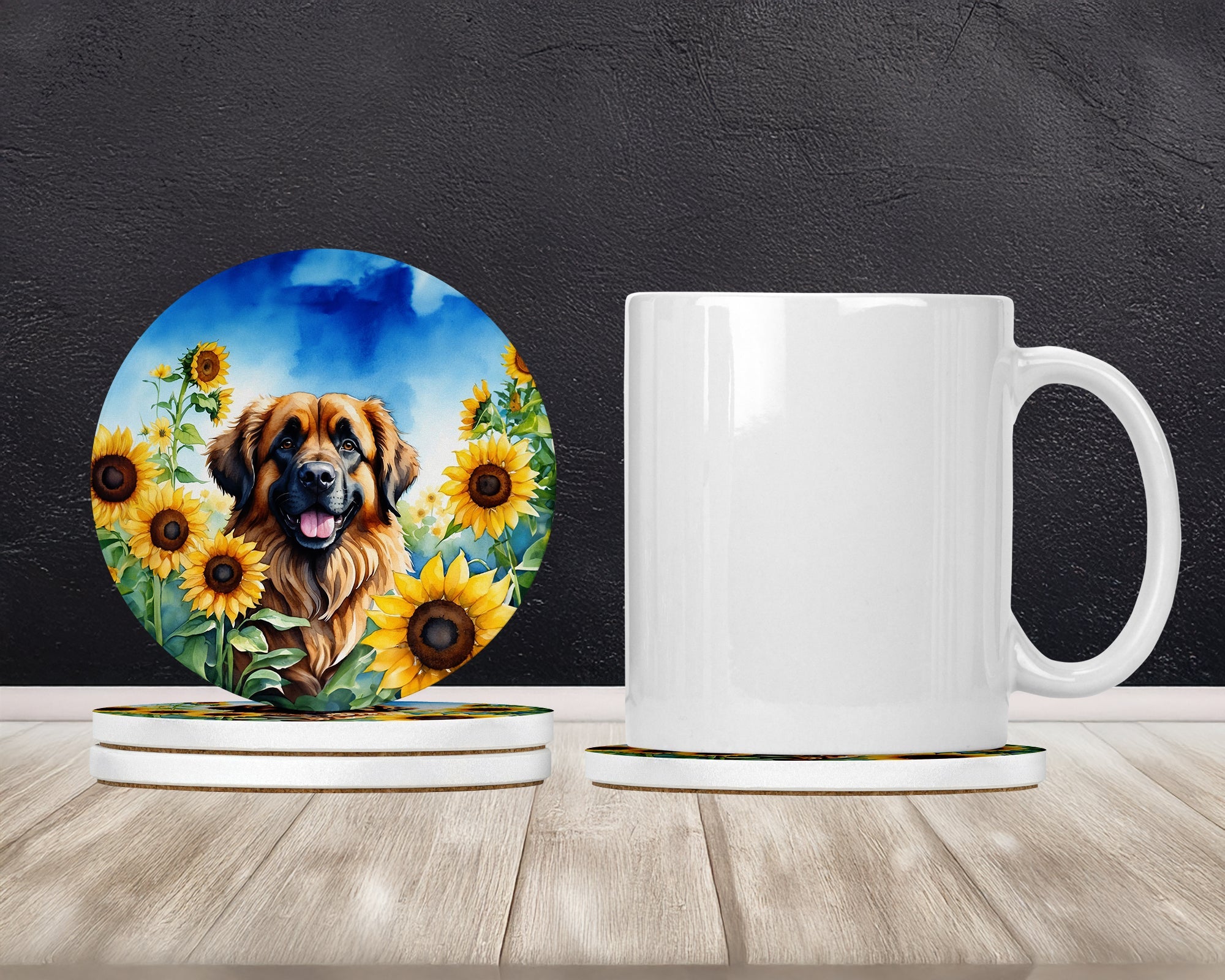Leonberger in Sunflowers Large Sandstone Coasters Pack of 4 Absorbent Round Coasters Decor Gifts for Men or Women, 4 in, Multicolor