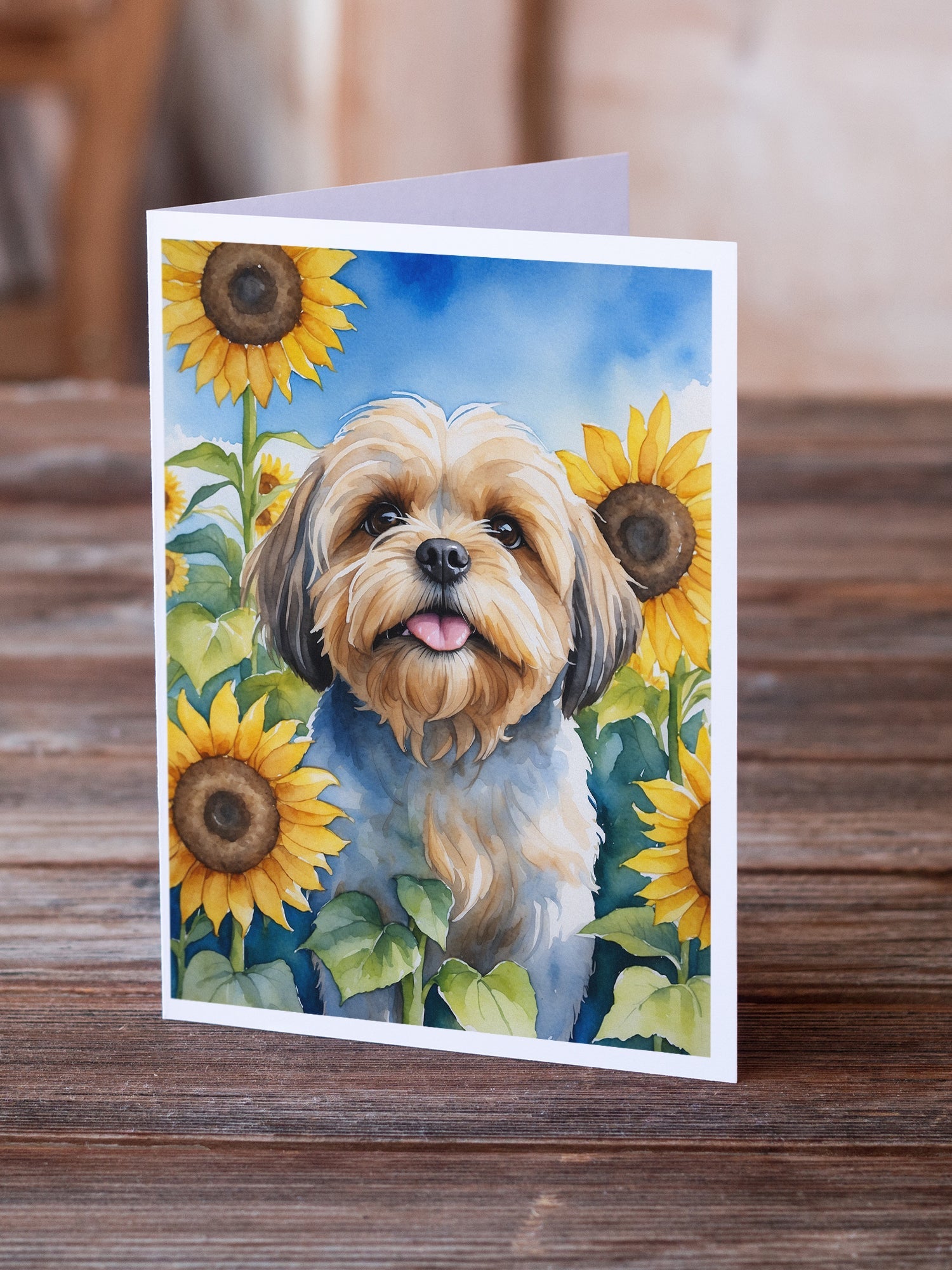 Lhasa Apso in Sunflowers Greeting Cards Pack of 8 Blank Cards with Envelopes Whimsical A7 Size 5x7