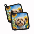 Lhasa Apso in Sunflowers Pot Holder Set of 2 Heat Resistant Quilted Hot Pads 7.5 x 7.5 Inch, Insulated Kitchen Trivets for Cooking & Baking
