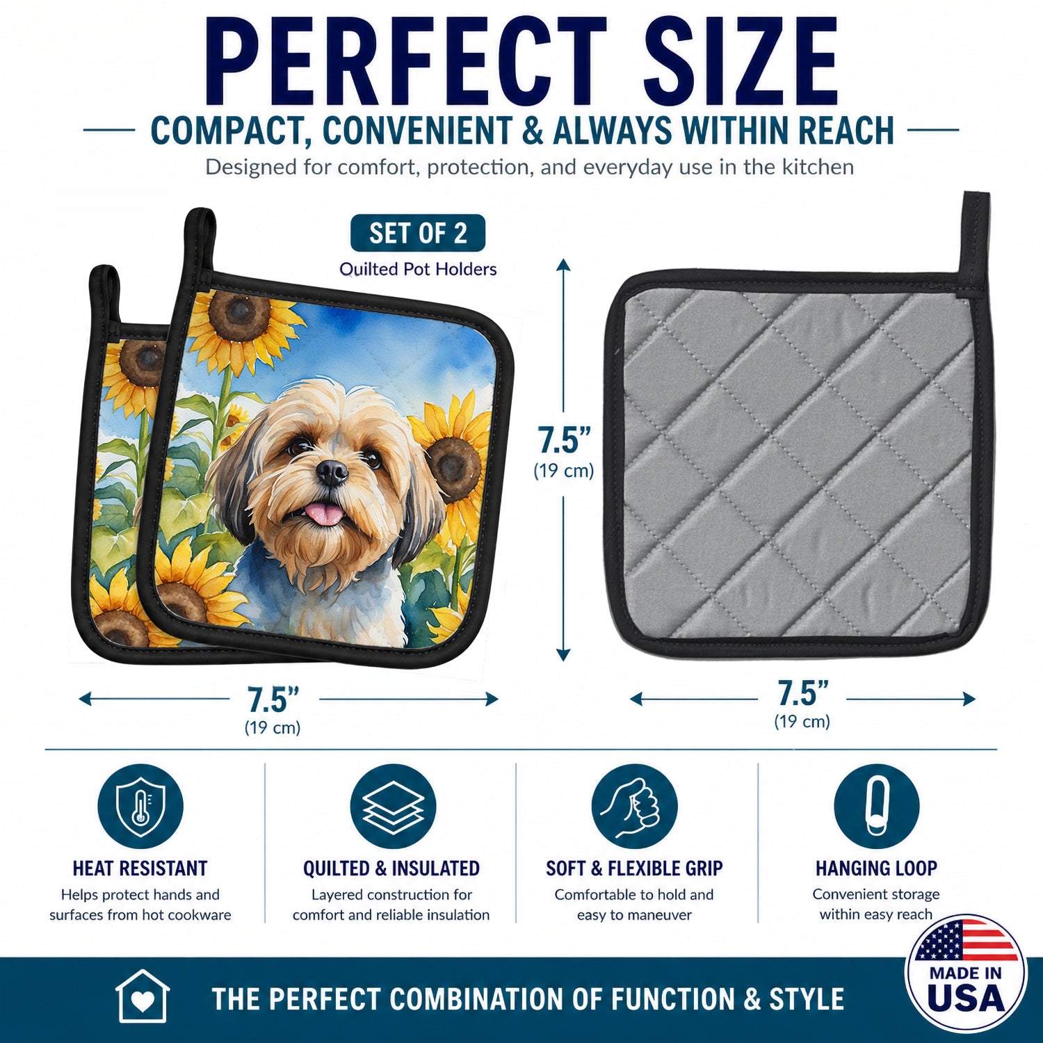 Lhasa Apso in Sunflowers Pot Holder Set of 2 Heat Resistant Quilted Hot Pads 7.5 x 7.5 Inch, Insulated Kitchen Trivets for Cooking & Baking