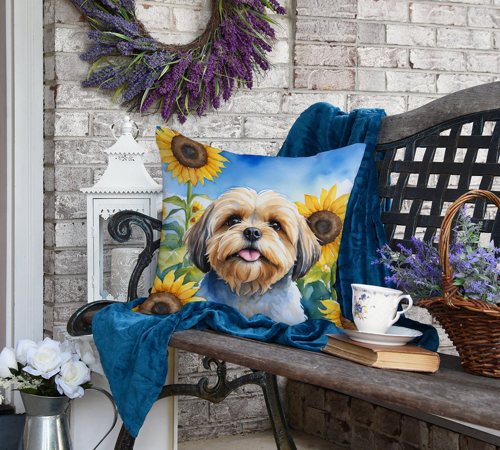Lhasa Apso in Sunflowers Decorative Throw Pillow 18x18 Indoor Outdoor Accent Cushion, Fabric Cover with Insert for Sofa, Bed, Porch & Living Room