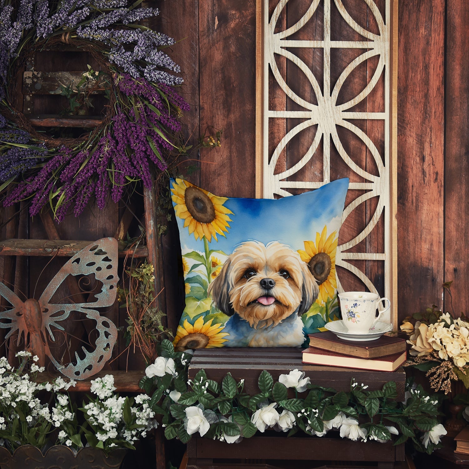 Lhasa Apso in Sunflowers Decorative Throw Pillow 18x18 Indoor Outdoor Accent Cushion, Fabric Cover with Insert for Sofa, Bed, Porch & Living Room