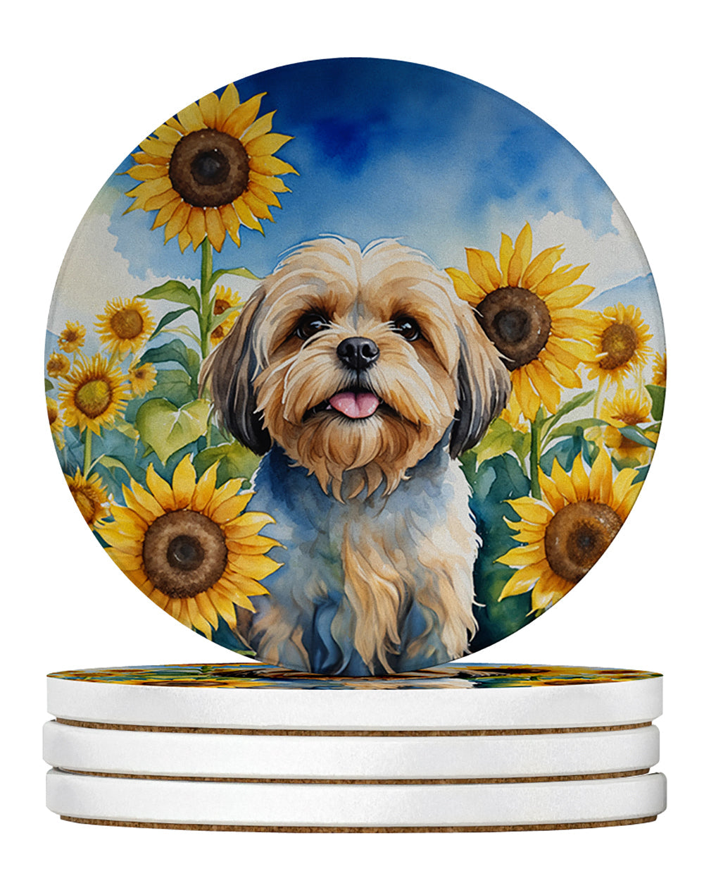 Lhasa Apso in Sunflowers Large Sandstone Coasters Pack of 4 Absorbent Round Coasters Decor Gifts for Men or Women, 4 in, Multicolor