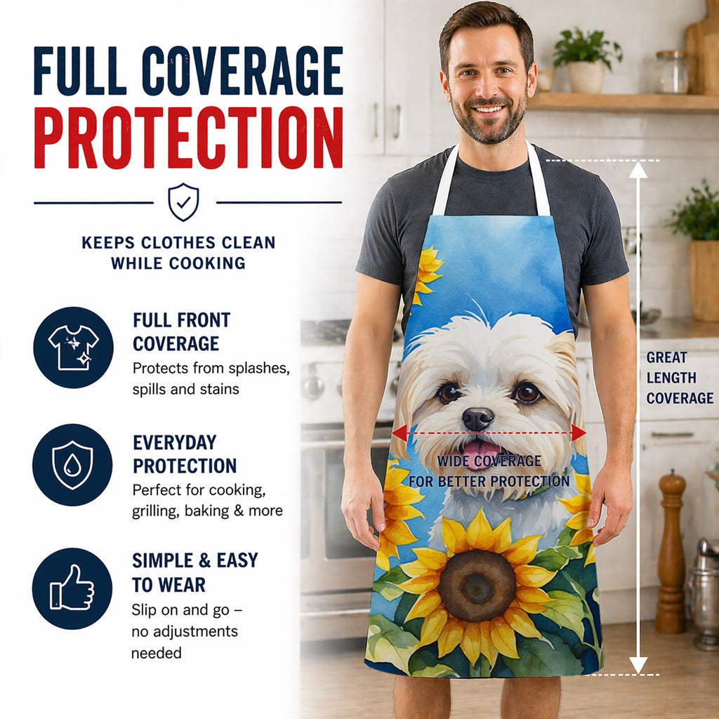 Maltese in Sunflowers Apron Cooking Kitchen Server Baking Crafts Gardening for Adult Women Men, Unisex, Large, Multicolor