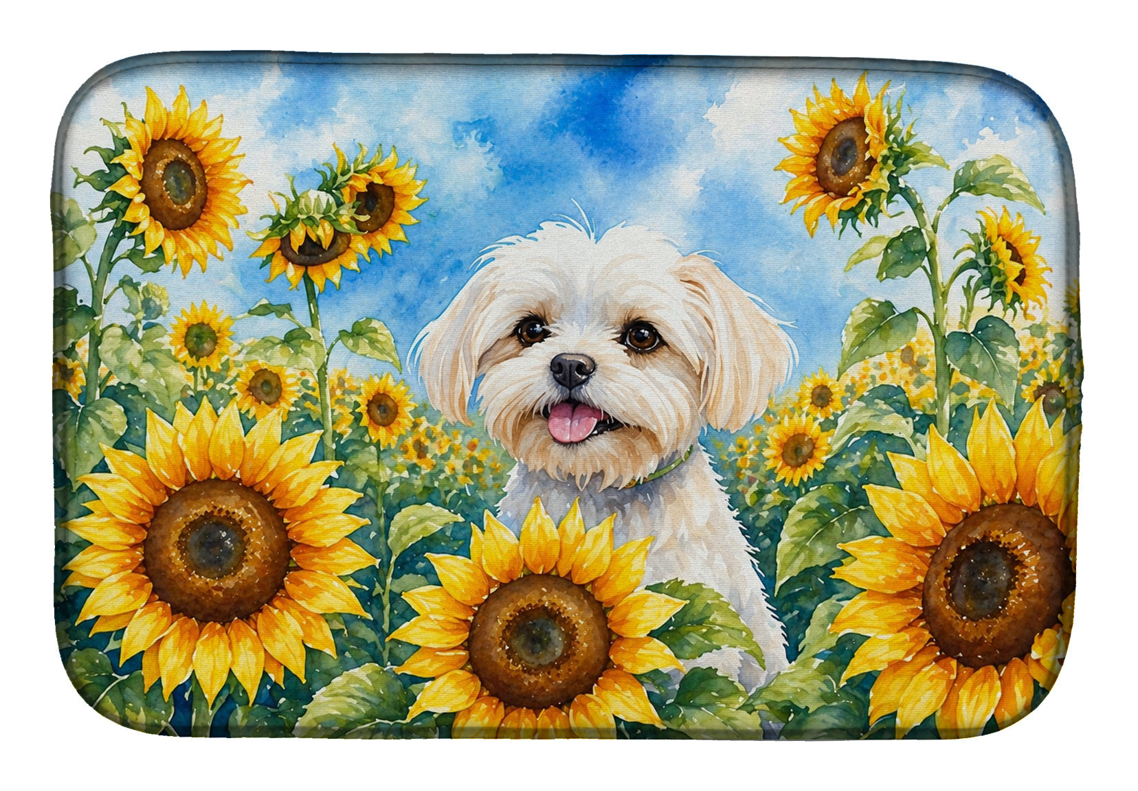 Maltese in Sunflowers Dish Drying Mat Absorbent Dish Drying Mat Pad for Kitchen Counter Dish Drainer Mat for Countertop, 14 x 21", Multicolor
