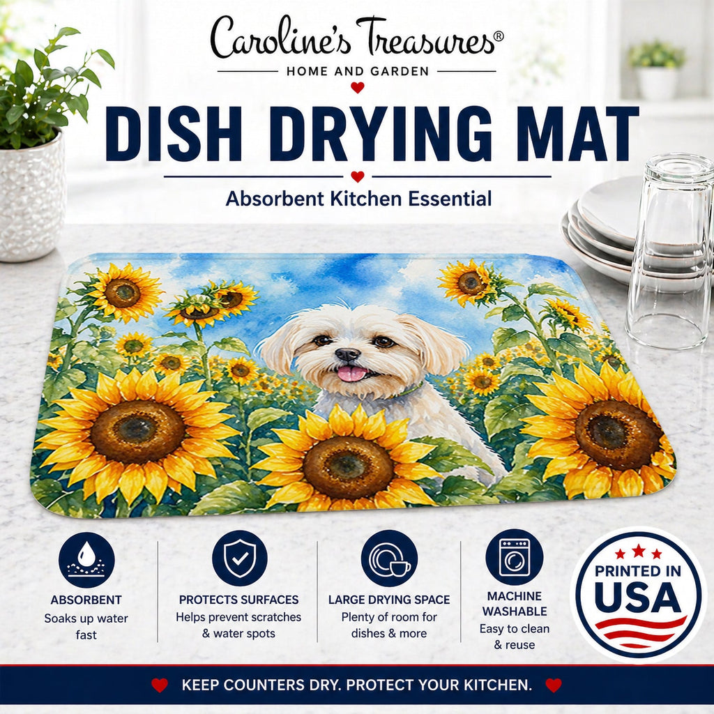 Maltese in Sunflowers Dish Drying Mat Absorbent Dish Drying Mat Pad for Kitchen Counter Dish Drainer Mat for Countertop, 14 x 21", Multicolor