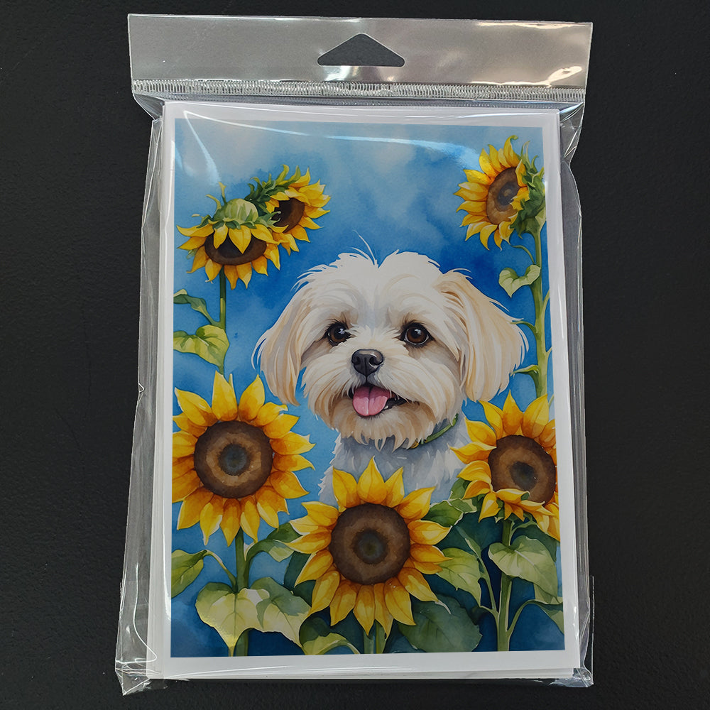 Maltese in Sunflowers Greeting Cards Pack of 8 Blank Cards with Envelopes Whimsical A7 Size 5x7
