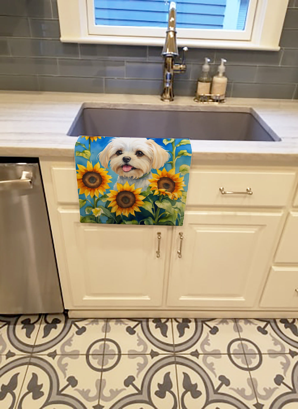 Maltese in Sunflowers Kitchen Towel Velour Plush Front and Cotton Loop Back Machine Washable
