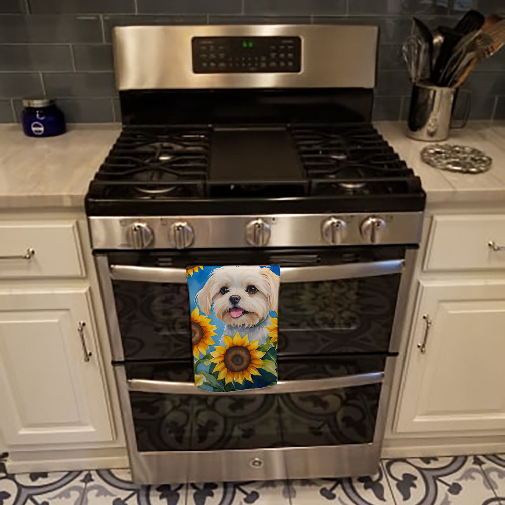 Maltese in Sunflowers Kitchen Towel Velour Plush Front and Cotton Loop Back Machine Washable