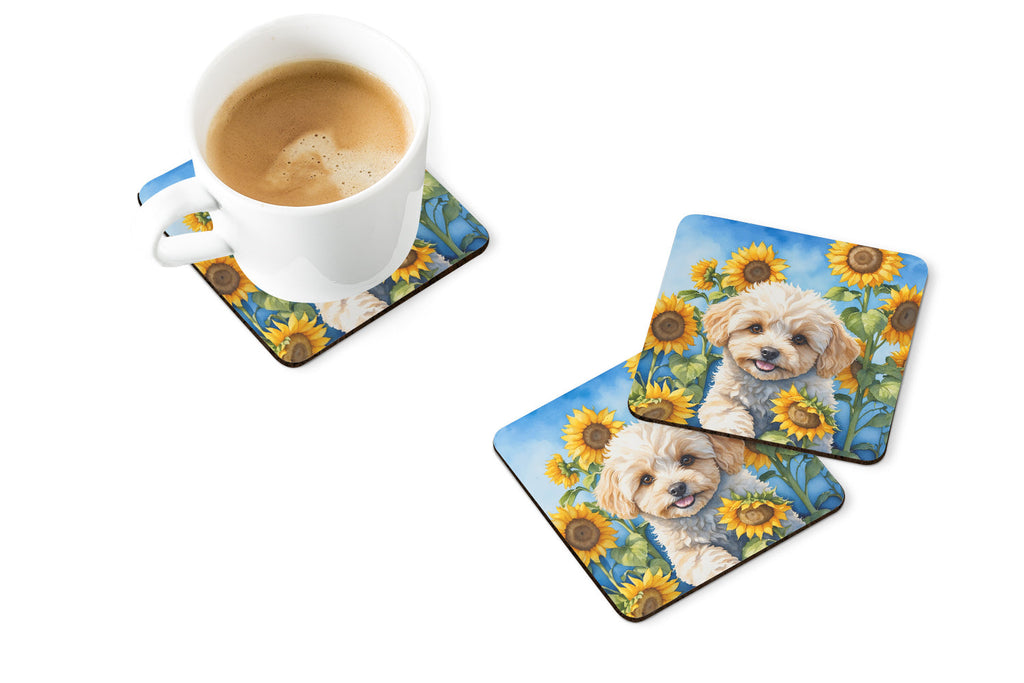 Maltipoo in Sunflowers Foam Coasters Set of 4 Cup Coasters for Indoor Outdoor, Tabletop Protection, Anti Slip, Mouse pad Material