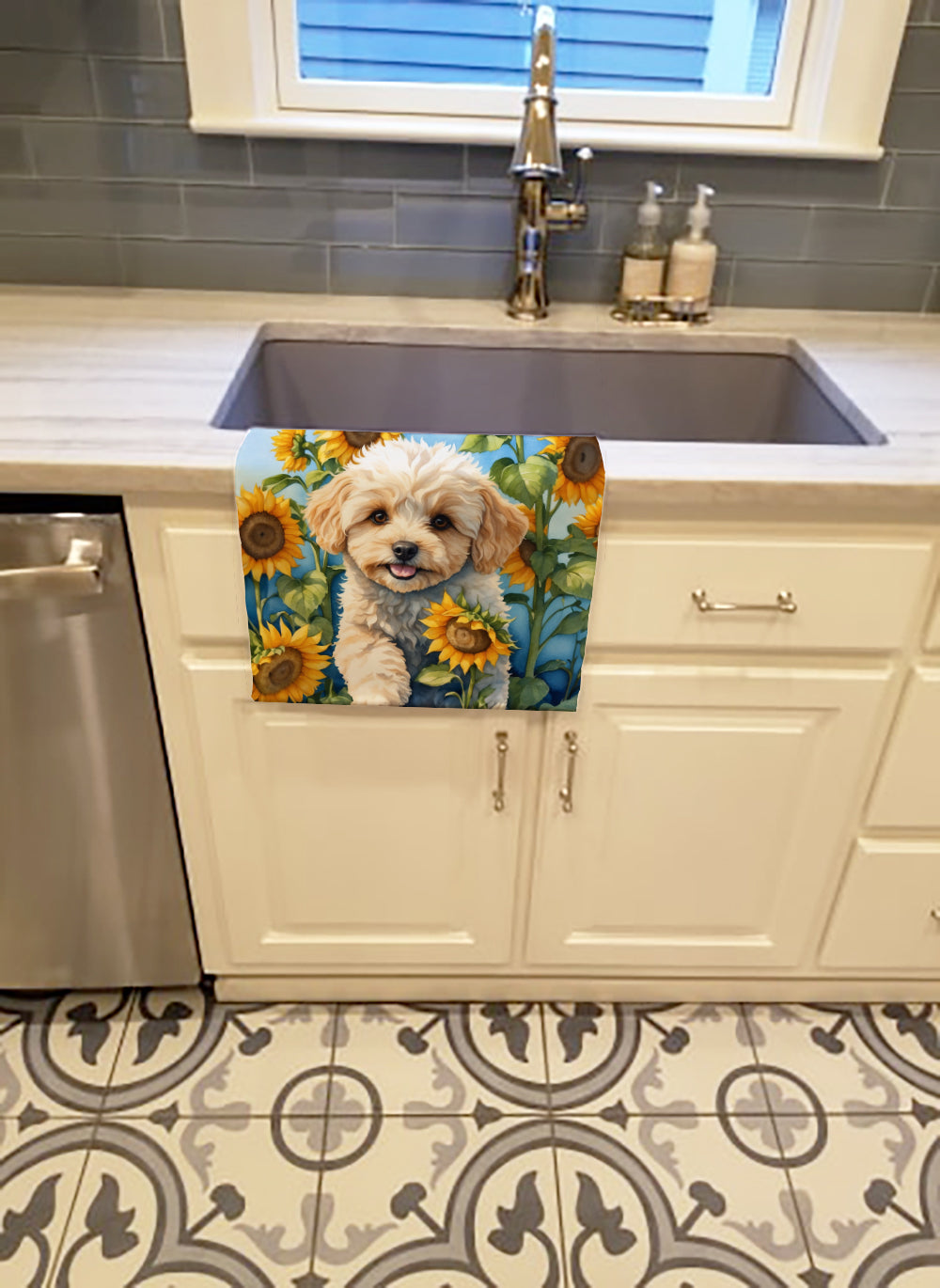 Maltipoo in Sunflowers Kitchen Towel Velour Plush Front and Cotton Loop Back Machine Washable