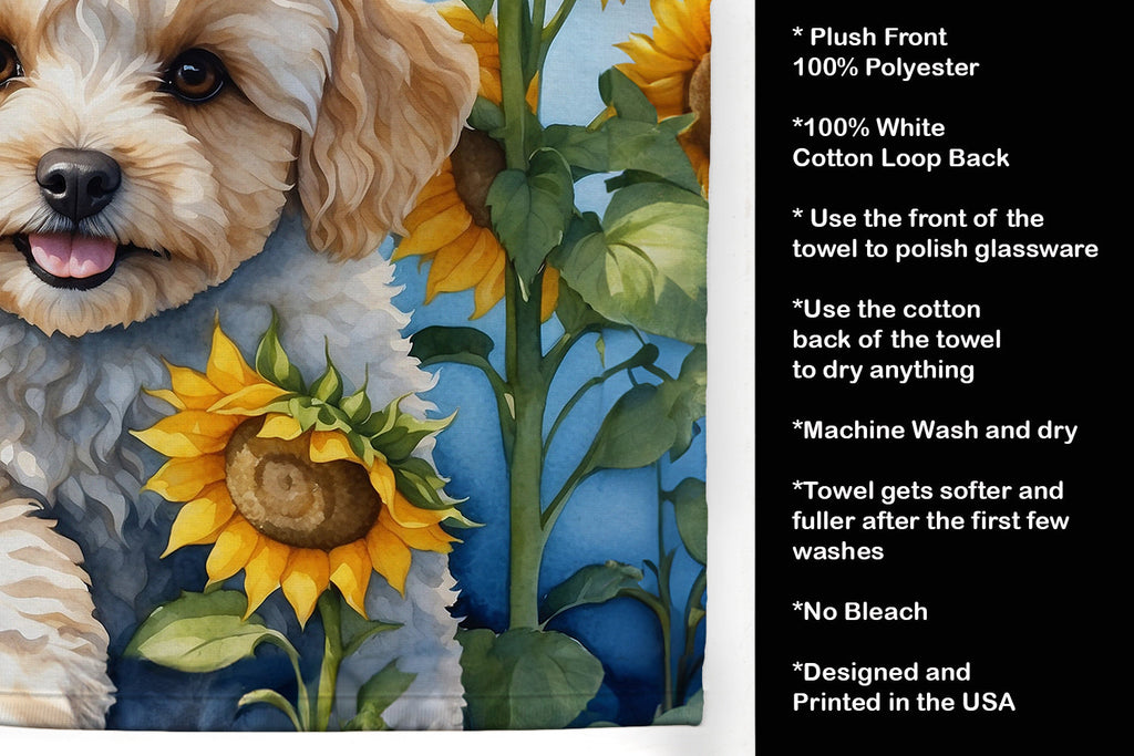 Maltipoo in Sunflowers Kitchen Towel Velour Plush Front and Cotton Loop Back Machine Washable