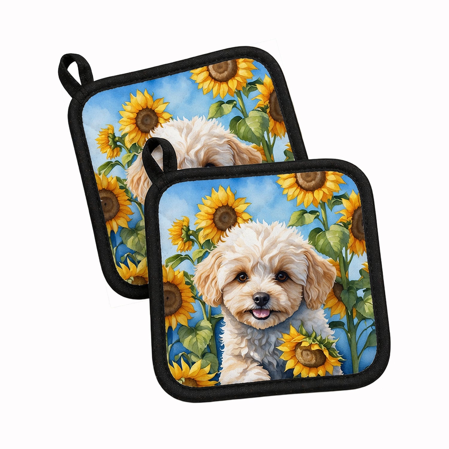 Maltipoo in Sunflowers Pot Holder Set of 2 Heat Resistant Quilted Hot Pads 7.5 x 7.5 Inch, Insulated Kitchen Trivets for Cooking & Baking