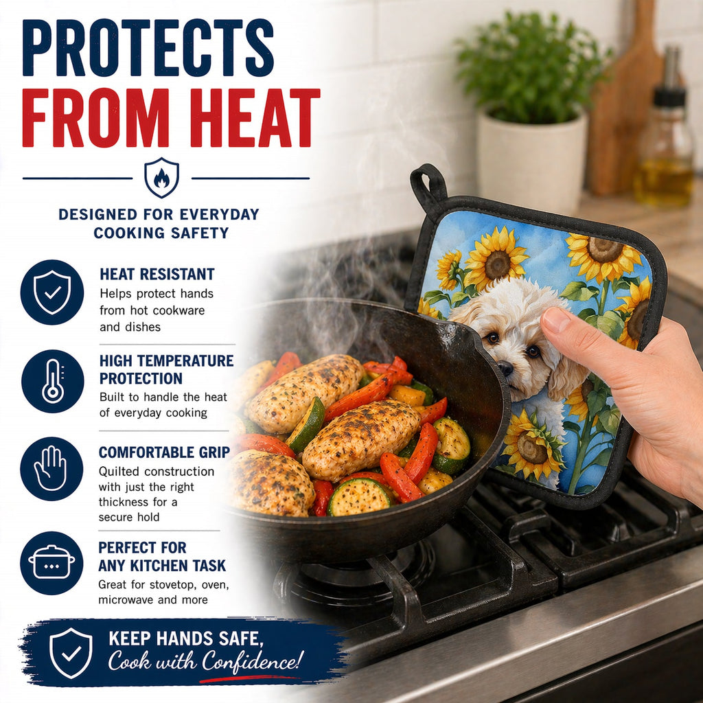 Maltipoo in Sunflowers Pot Holder Set of 2 Heat Resistant Quilted Hot Pads 7.5 x 7.5 Inch, Insulated Kitchen Trivets for Cooking & Baking