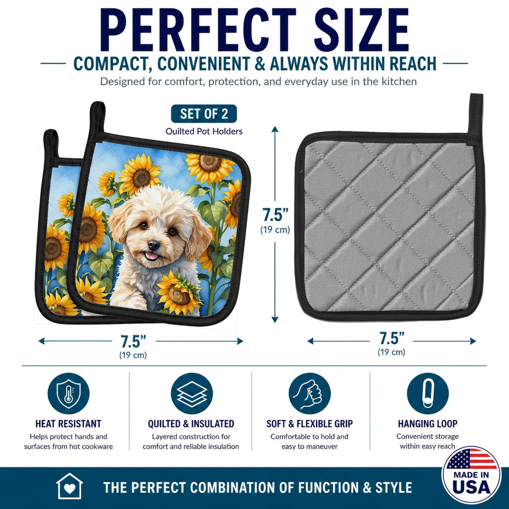 Maltipoo in Sunflowers Pot Holder Set of 2 Heat Resistant Quilted Hot Pads 7.5 x 7.5 Inch, Insulated Kitchen Trivets for Cooking & Baking