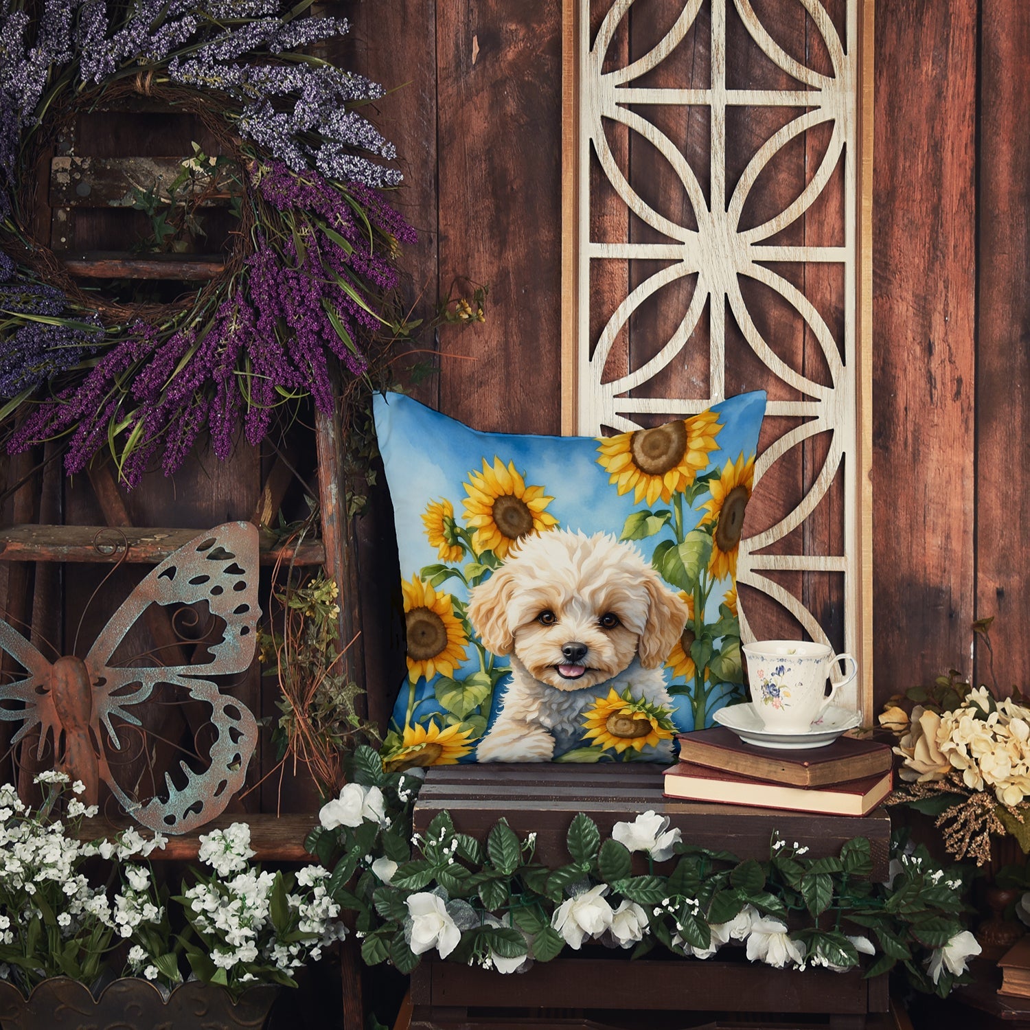Maltipoo in Sunflowers Decorative Throw Pillow 18x18 Indoor Outdoor Accent Cushion, Fabric Cover with Insert for Sofa, Bed, Porch & Living Room