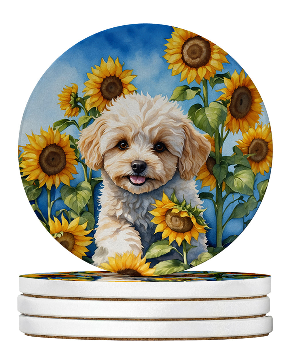 Maltipoo in Sunflowers Large Sandstone Coasters Pack of 4 Absorbent Round Coasters Decor Gifts for Men or Women, 4 in, Multicolor
