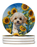 Maltipoo in Sunflowers Large Sandstone Coasters Pack of 4 Absorbent Round Coasters Decor Gifts for Men or Women, 4 in, Multicolor
