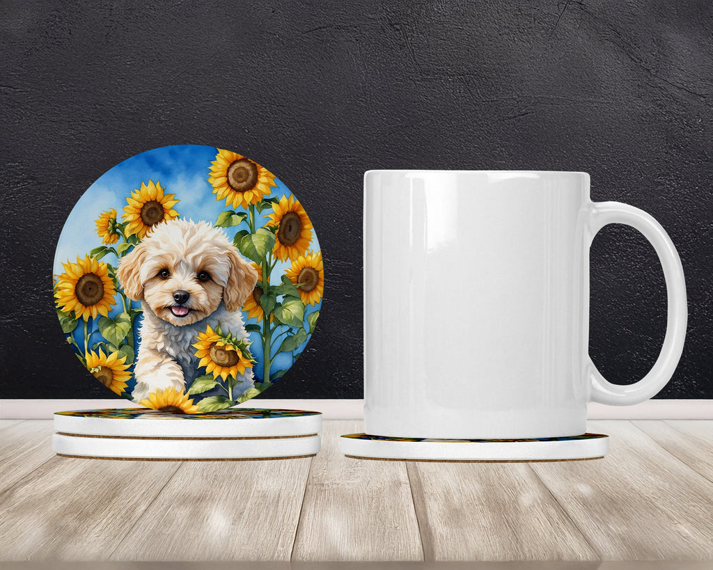 Maltipoo in Sunflowers Large Sandstone Coasters Pack of 4 Absorbent Round Coasters Decor Gifts for Men or Women, 4 in, Multicolor