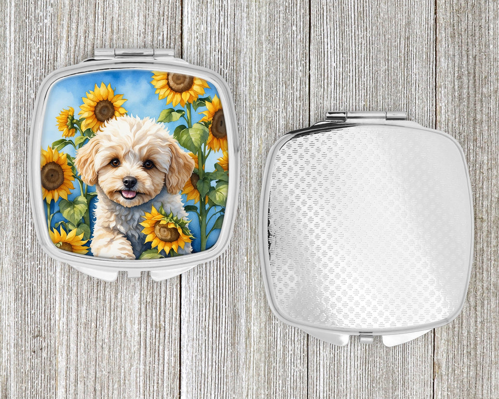 Maltipoo in Sunflowers Compact Mirror Decorative Travel Makeup Mirror for Women Girls Gifts Pocket Makeup Mirror Folding Handheld