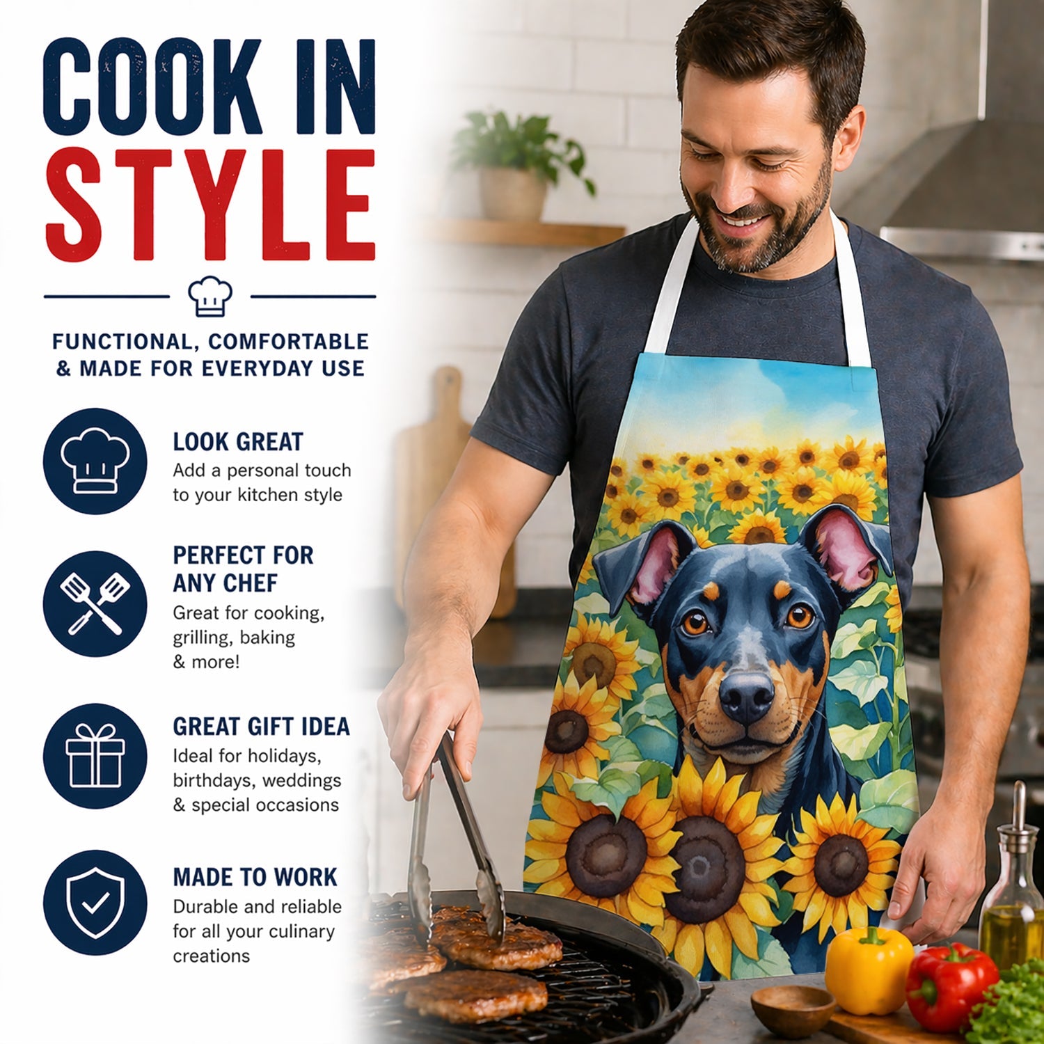 Manchester Terrier in Sunflowers Apron Cooking Kitchen Server Baking Crafts Gardening for Adult Women Men, Unisex, Large, Multicolor