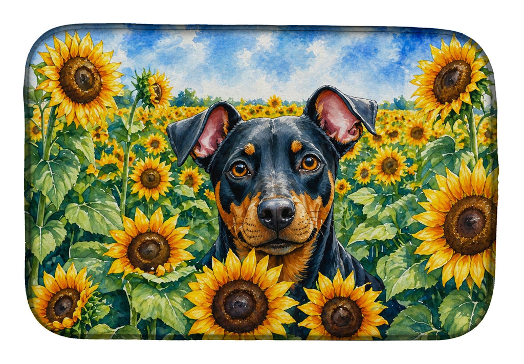 Manchester Terrier in Sunflowers Dish Drying Mat Absorbent Dish Drying Mat Pad for Kitchen Counter Dish Drainer Mat for Countertop, 14 x 21", Multicolor