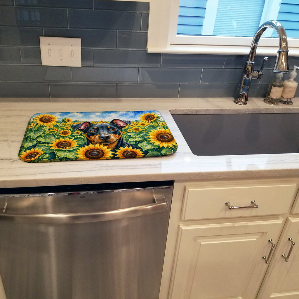 Manchester Terrier in Sunflowers Dish Drying Mat Absorbent Dish Drying Mat Pad for Kitchen Counter Dish Drainer Mat for Countertop, 14 x 21", Multicolor