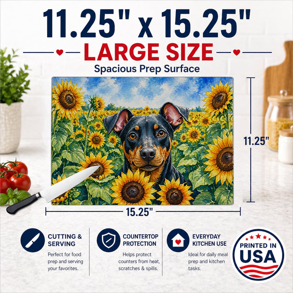 Manchester Terrier in Sunflowers Cutting Board Tempered Glass Kitchen Cutting Surface, Heat Resistant Chopping Board with Non-Slip Feet, Decorative Food Prep & Serving