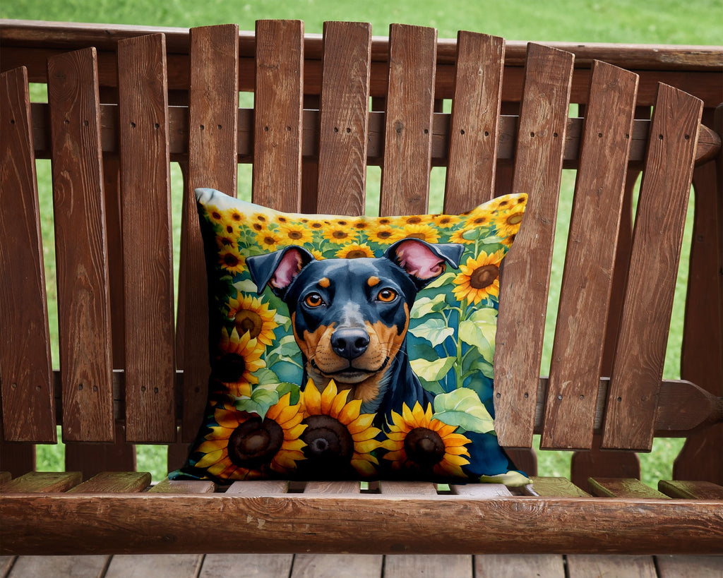 Manchester Terrier in Sunflowers Decorative Throw Pillow 14x14 Indoor Outdoor Accent Cushion, Fabric Cover with Insert for Sofa, Bed, Porch & Living Room