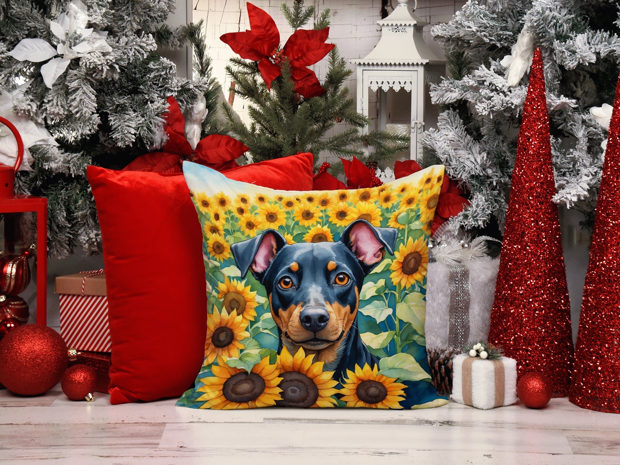 Manchester Terrier in Sunflowers Decorative Throw Pillow 14x14 Indoor Outdoor Accent Cushion, Fabric Cover with Insert for Sofa, Bed, Porch & Living Room