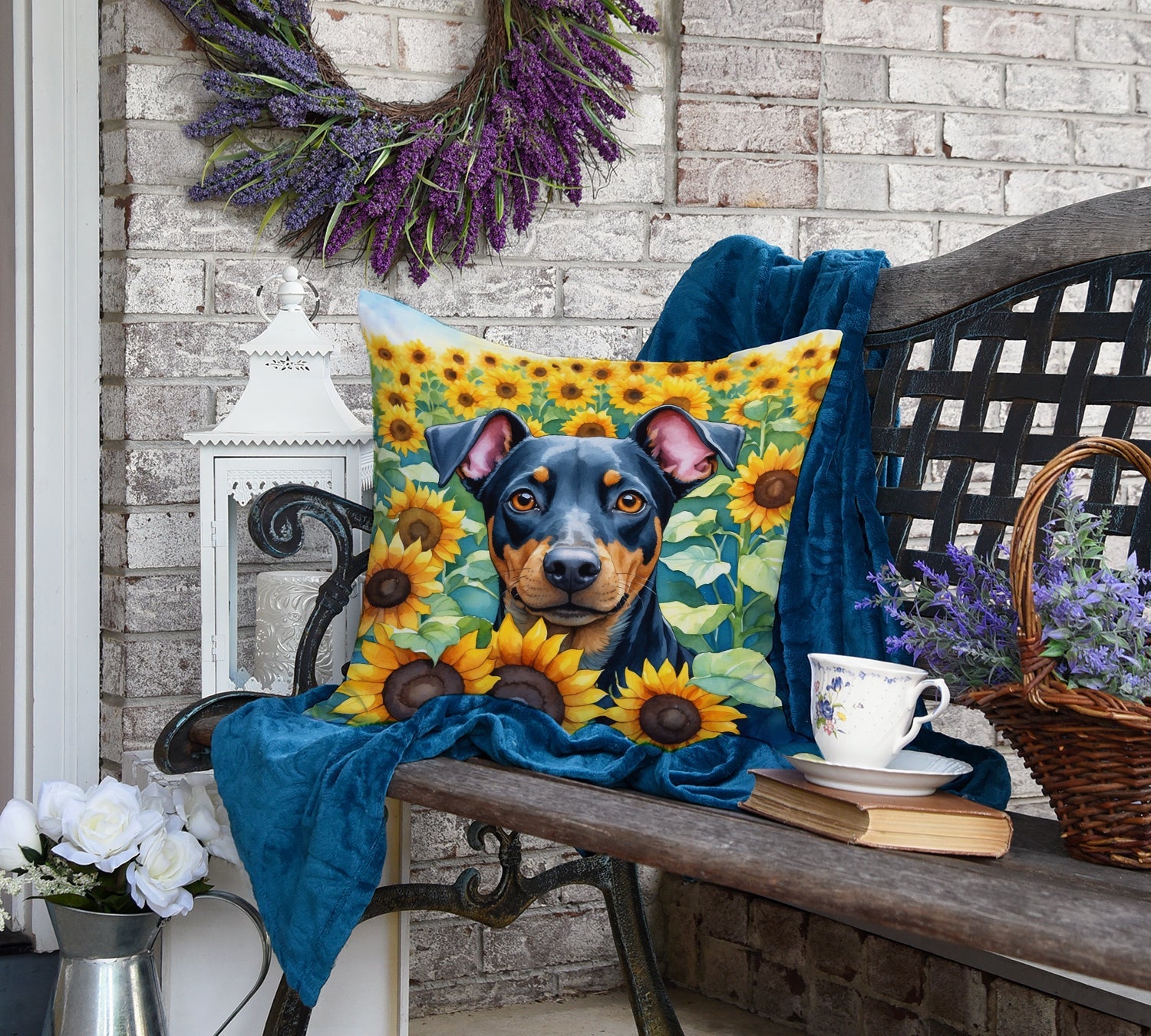 Manchester Terrier in Sunflowers Decorative Throw Pillow 18x18 Indoor Outdoor Accent Cushion, Fabric Cover with Insert for Sofa, Bed, Porch & Living Room