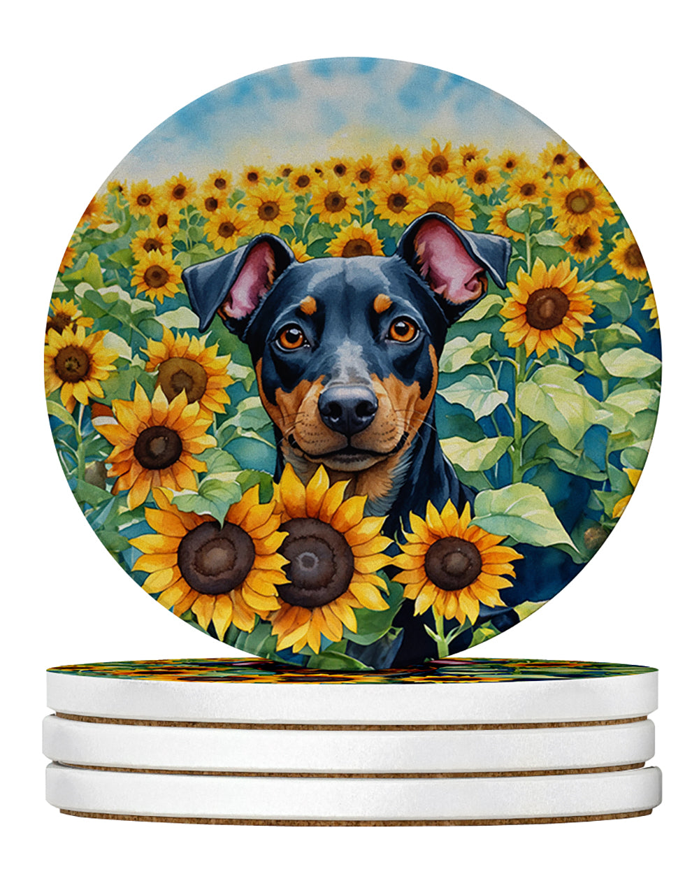 Manchester Terrier in Sunflowers Large Sandstone Coasters Pack of 4 Absorbent Round Coasters Decor Gifts for Men or Women, 4 in, Multicolor