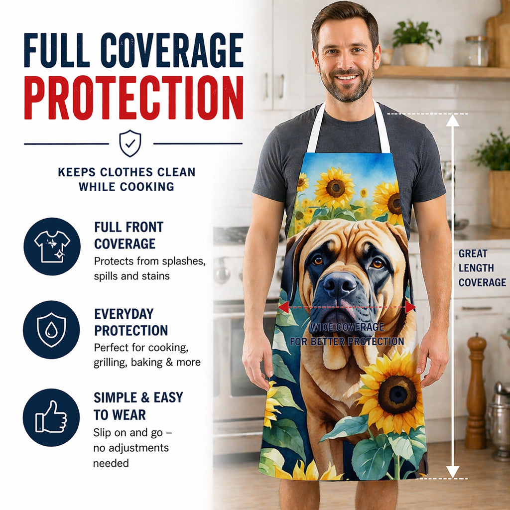 Mastiff in Sunflowers Apron Cooking Kitchen Server Baking Crafts Gardening for Adult Women Men, Unisex, Large, Multicolor