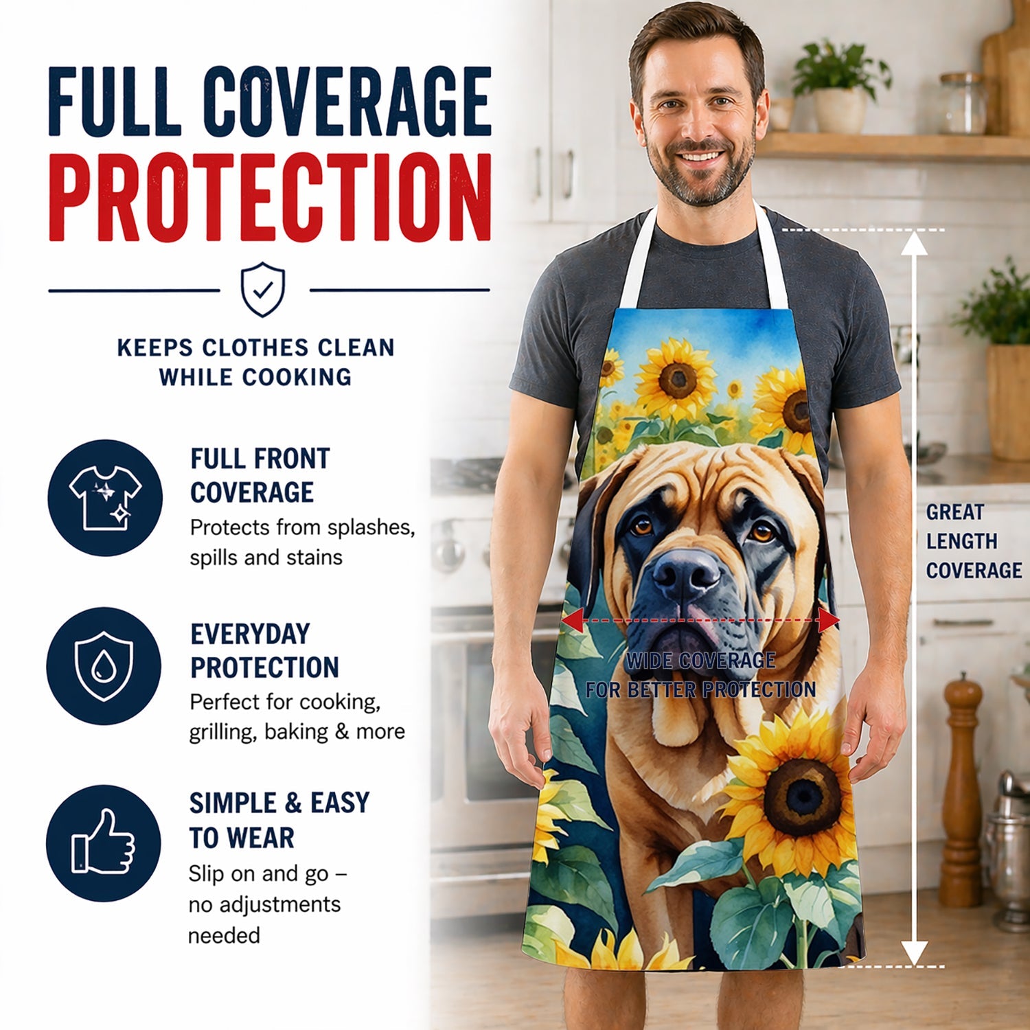 Mastiff in Sunflowers Apron Cooking Kitchen Server Baking Crafts Gardening for Adult Women Men, Unisex, Large, Multicolor