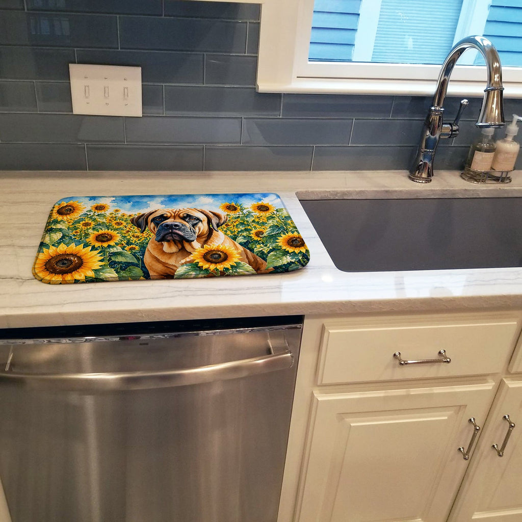 Mastiff in Sunflowers Dish Drying Mat Absorbent Dish Drying Mat Pad for Kitchen Counter Dish Drainer Mat for Countertop, 14 x 21", Multicolor