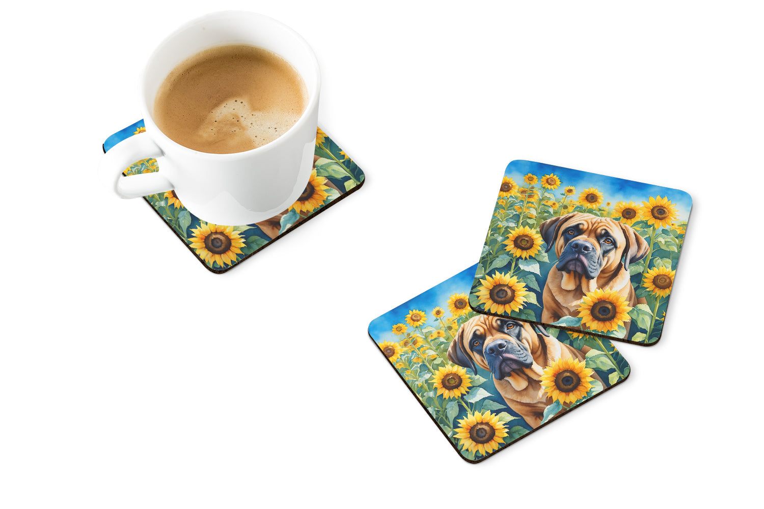Mastiff in Sunflowers Foam Coasters Set of 4 Cup Coasters for Indoor Outdoor, Tabletop Protection, Anti Slip, Mouse pad Material