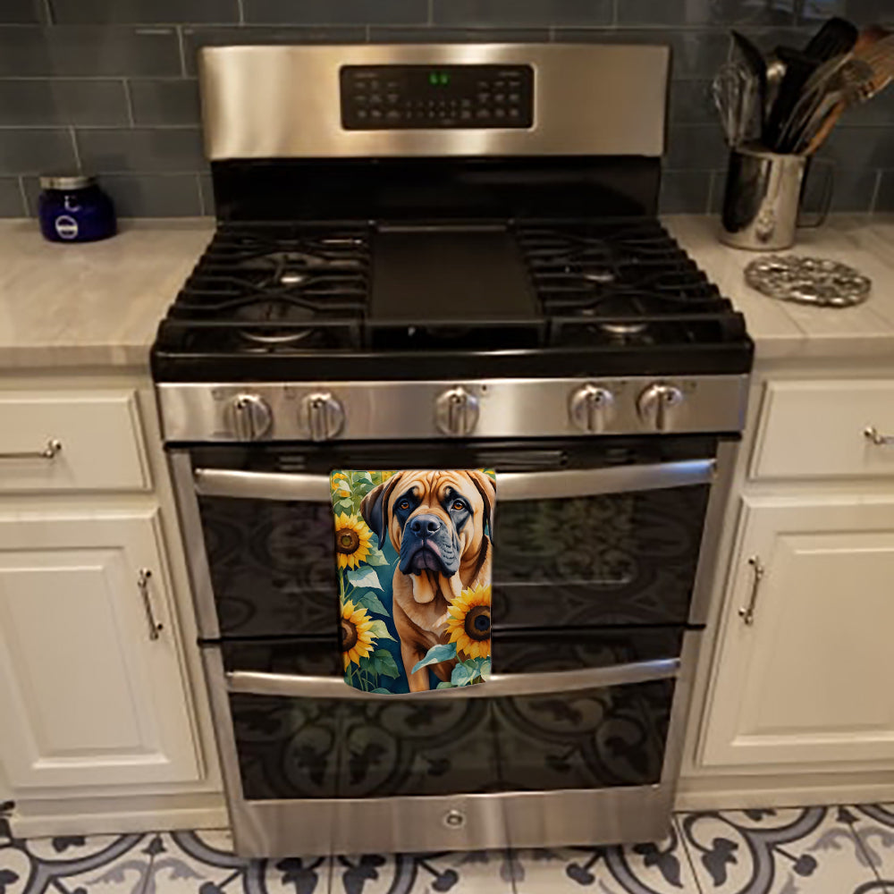 Mastiff in Sunflowers Kitchen Towel Velour Plush Front and Cotton Loop Back Machine Washable