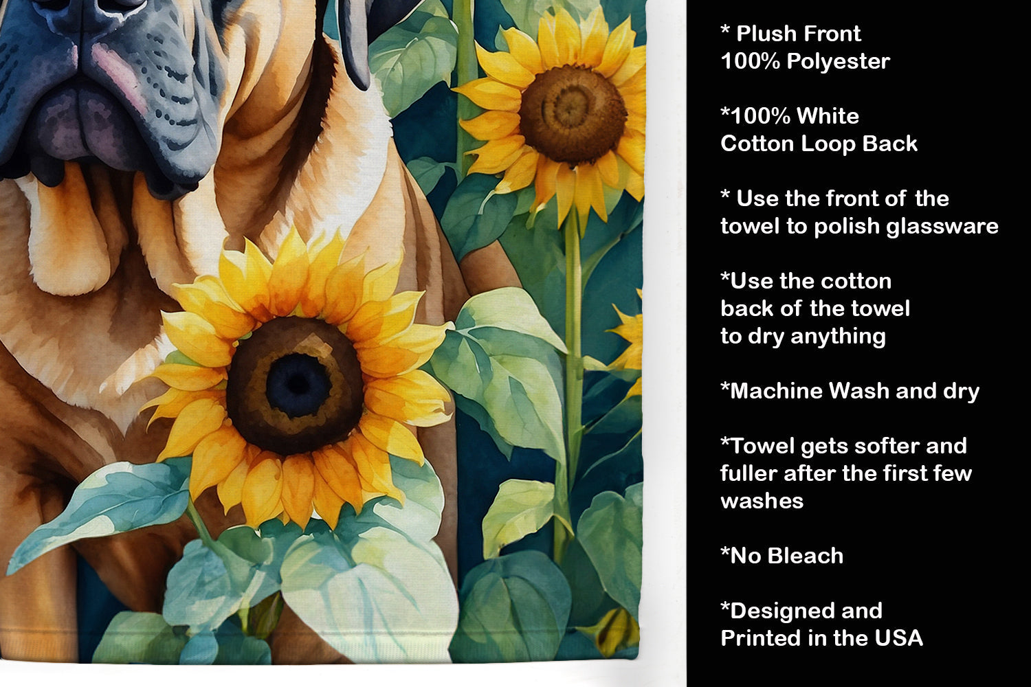 Mastiff in Sunflowers Kitchen Towel Velour Plush Front and Cotton Loop Back Machine Washable
