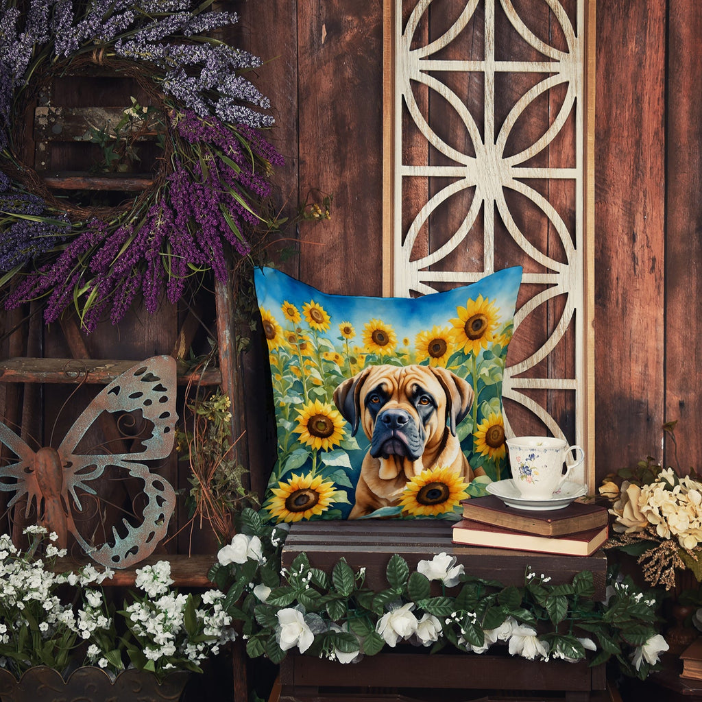 Mastiff in Sunflowers Decorative Throw Pillow 14x14 Indoor Outdoor Accent Cushion, Fabric Cover with Insert for Sofa, Bed, Porch & Living Room