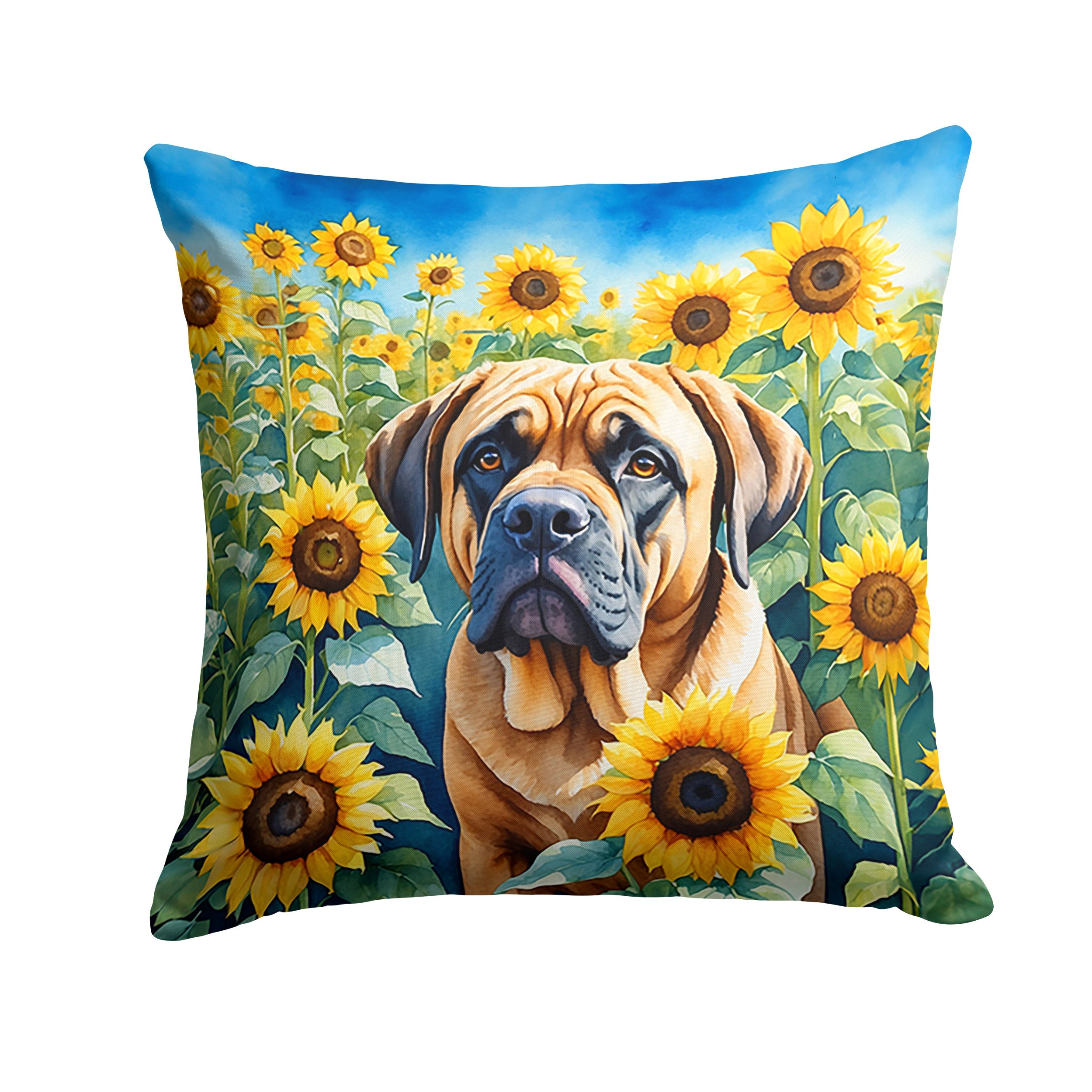 Mastiff in Sunflowers Decorative Throw Pillow 18x18 Indoor Outdoor Accent Cushion, Fabric Cover with Insert for Sofa, Bed, Porch & Living Room
