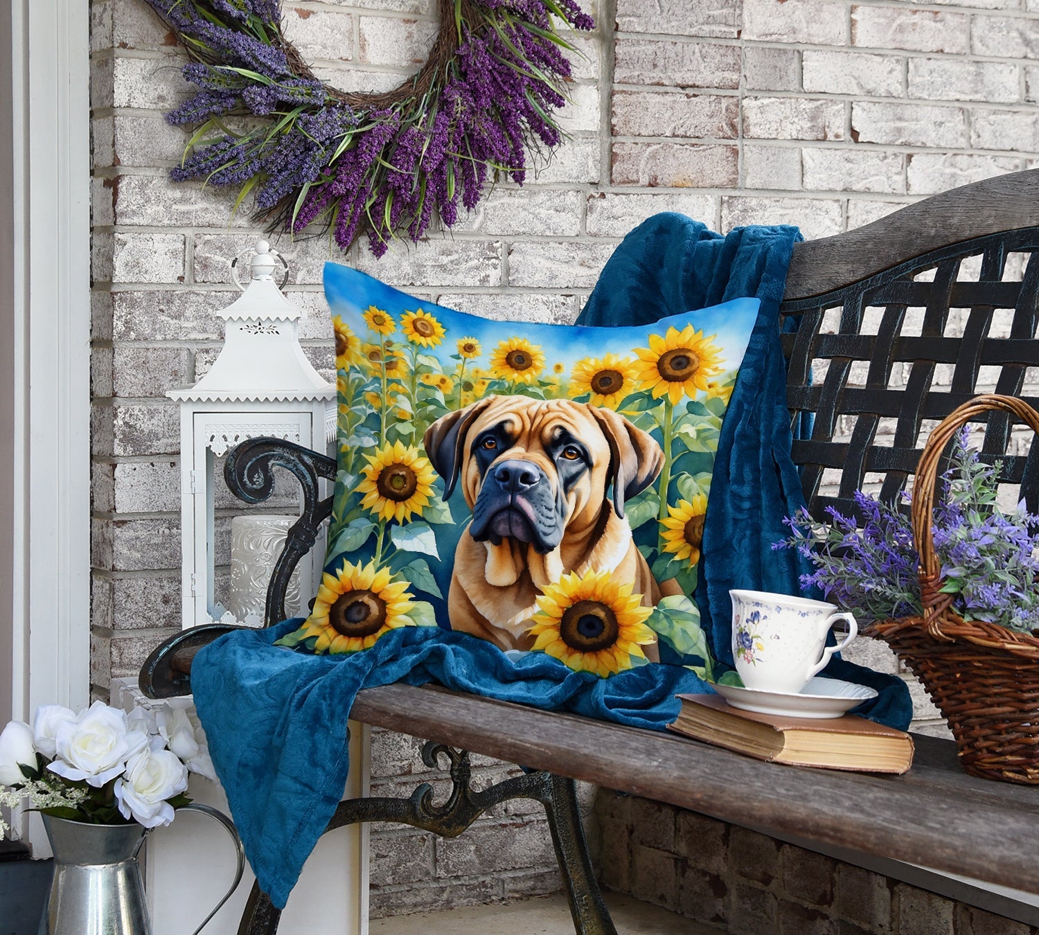 Mastiff in Sunflowers Decorative Throw Pillow 18x18 Indoor Outdoor Accent Cushion, Fabric Cover with Insert for Sofa, Bed, Porch & Living Room