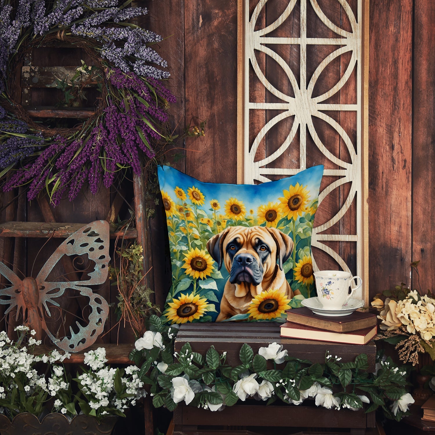Mastiff in Sunflowers Decorative Throw Pillow 18x18 Indoor Outdoor Accent Cushion, Fabric Cover with Insert for Sofa, Bed, Porch & Living Room
