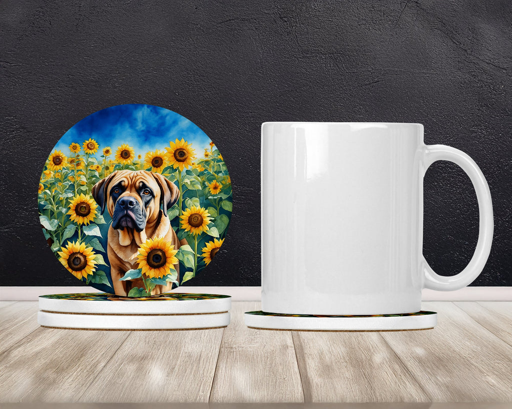 Mastiff in Sunflowers Large Sandstone Coasters Pack of 4 Absorbent Round Coasters Decor Gifts for Men or Women, 4 in, Multicolor