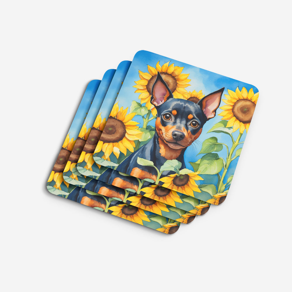 Miniature Pinscher in Sunflowers Foam Coasters Set of 4 Cup Coasters for Indoor Outdoor, Tabletop Protection, Anti Slip, Mouse pad Material