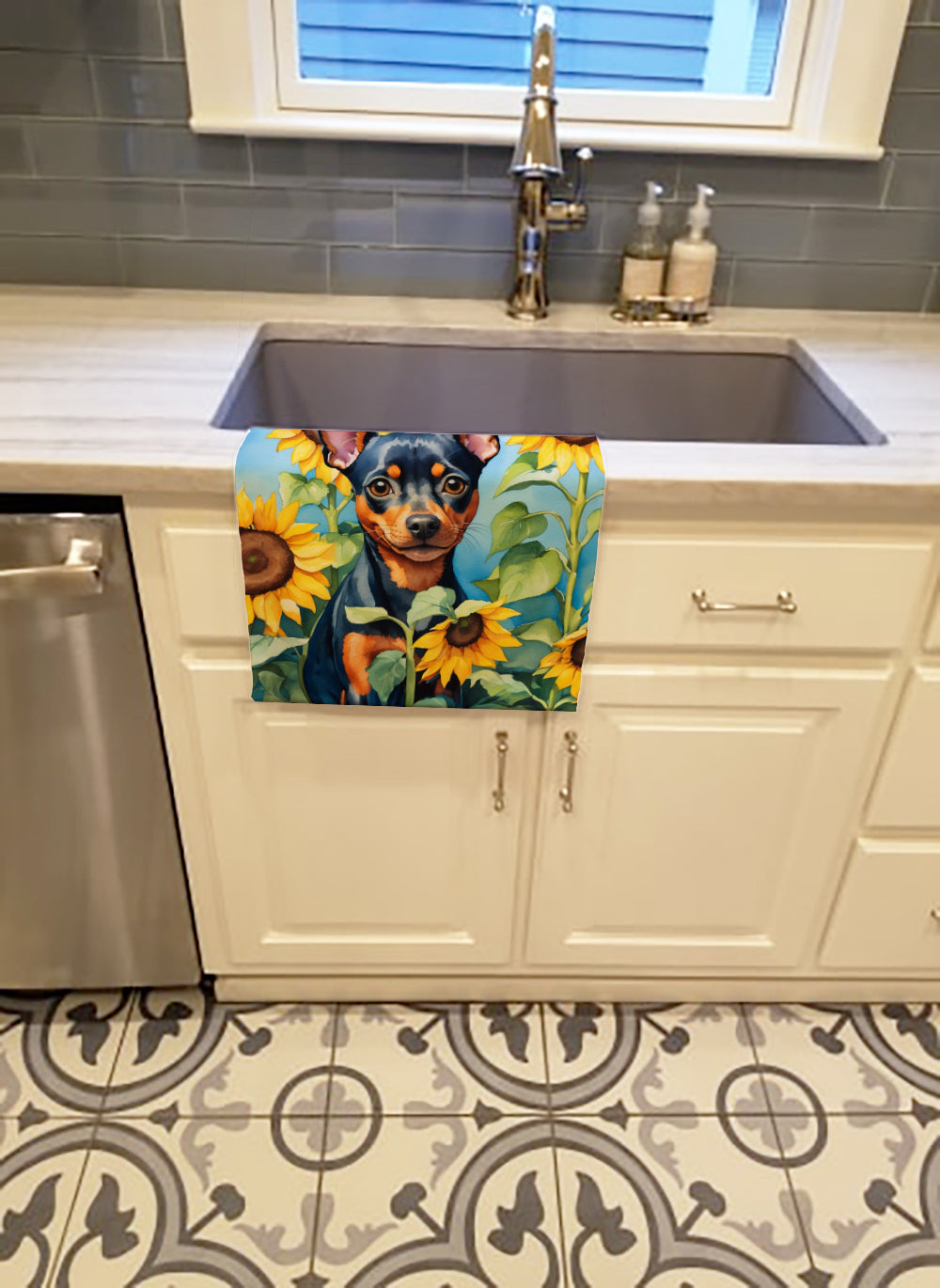 Miniature Pinscher in Sunflowers Kitchen Towel Velour Plush Front and Cotton Loop Back Machine Washable