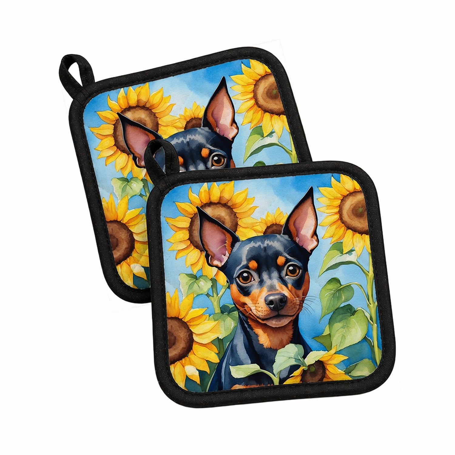 Miniature Pinscher in Sunflowers Pot Holder Set of 2 Heat Resistant Quilted Hot Pads 7.5 x 7.5 Inch, Insulated Kitchen Trivets for Cooking & Baking