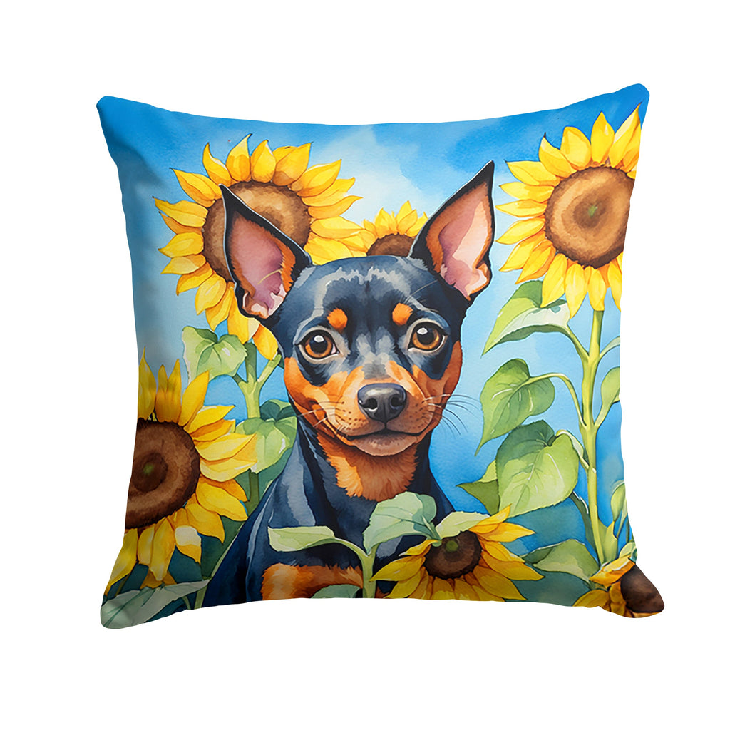 Miniature Pinscher in Sunflowers Decorative Throw Pillow 14x14 Indoor Outdoor Accent Cushion, Fabric Cover with Insert for Sofa, Bed, Porch & Living Room